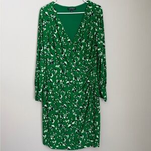 Lauren Ralph Lauren Green Floral Ruched Dress – Size 14 – Flattering Wrap Style